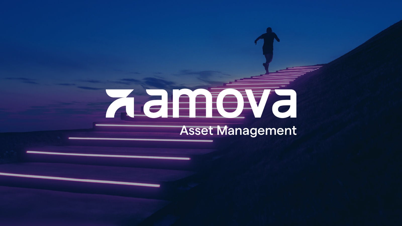 夜景の中、ネオンライトに照らされた階段を上る人物の画像に載ったAmova Asset Managementの白いロゴ