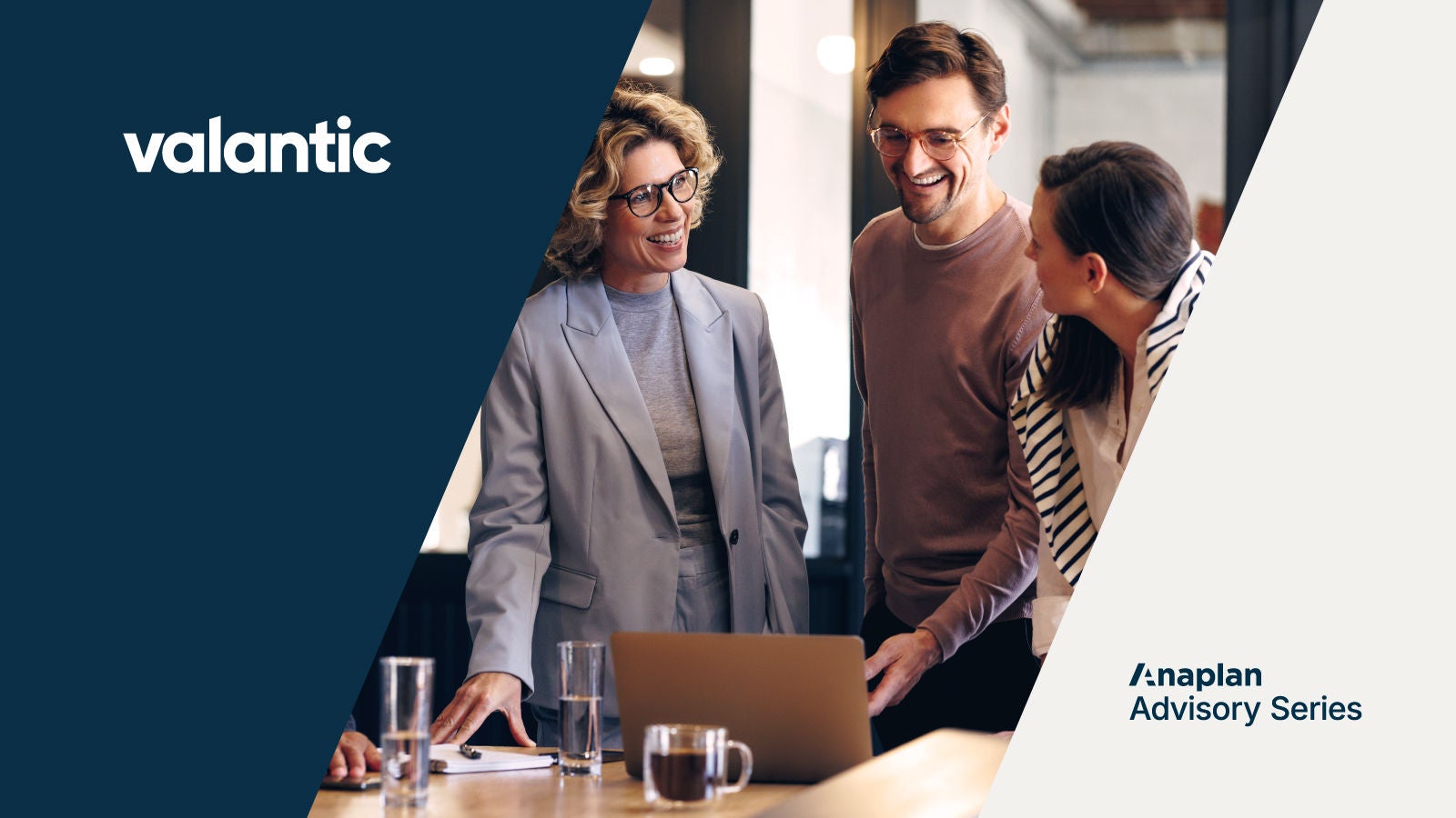 Valantic and Anaplan Advisory Series Logos displayed. A man and two women gather around a laptop, smiling and working together.