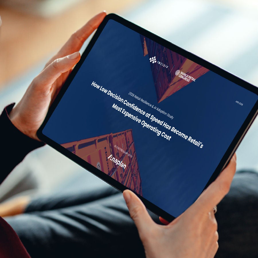 Report on How Low Decision Confidence at Speed Has Become Retail’s Most Expensive Operating Cost, with an image of a person holding a tablet displaying the report cover.