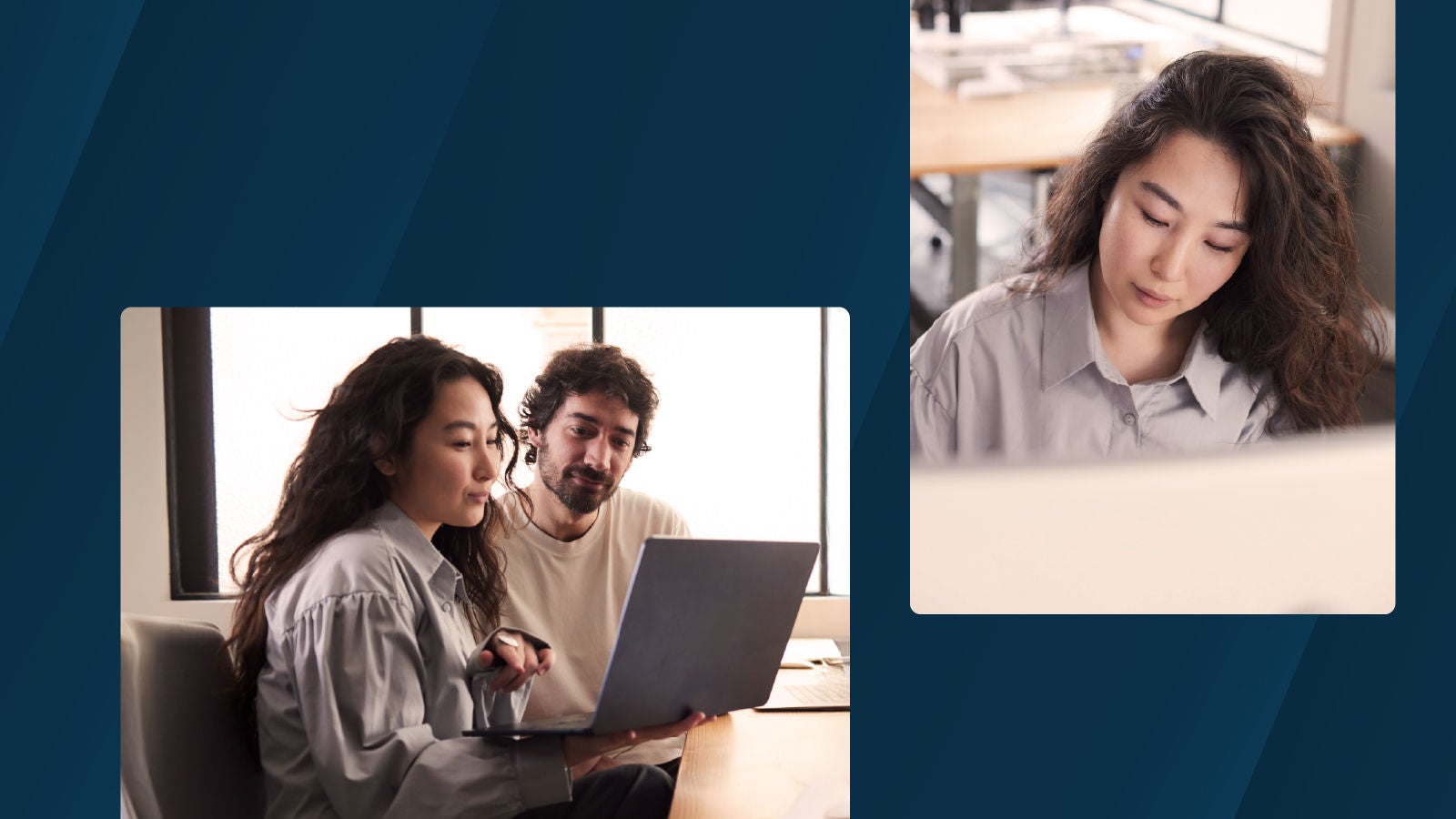 A collage showing two office scenes: on the left, two coworkers sit at a desk collaborating on a laptop in a bright workspace; on the right, a woman with long hair works intently at her computer in a modern office.