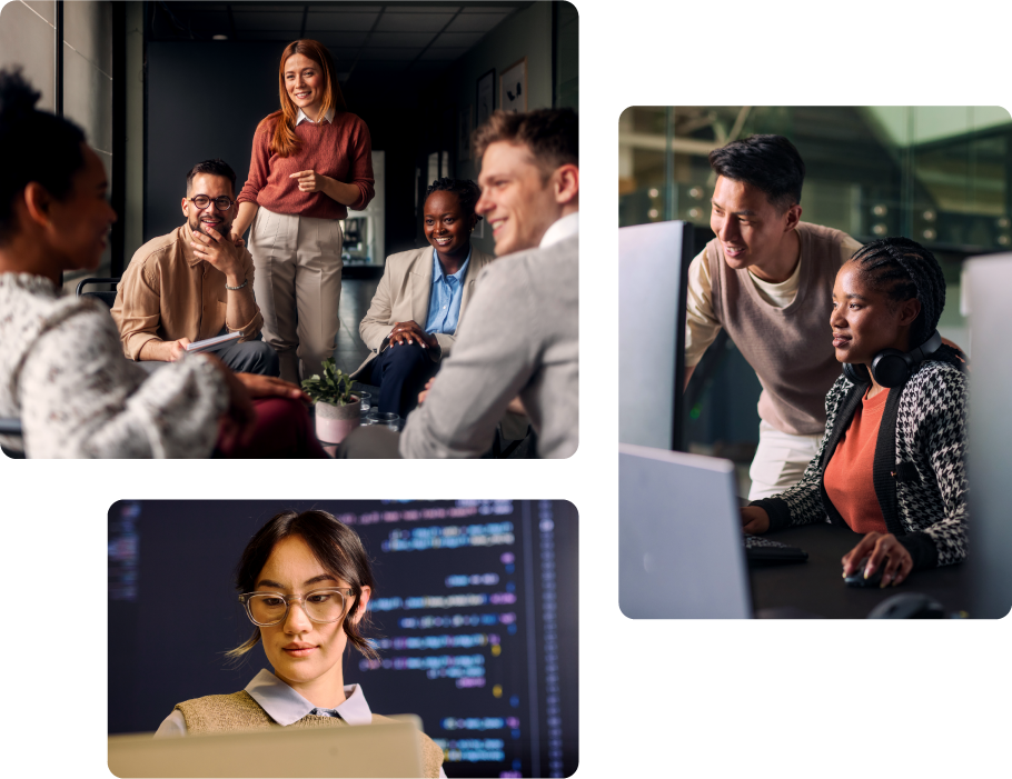 Composite image showing a group discussion, two colleagues working at a computer, and a person working in front of a screen with code.