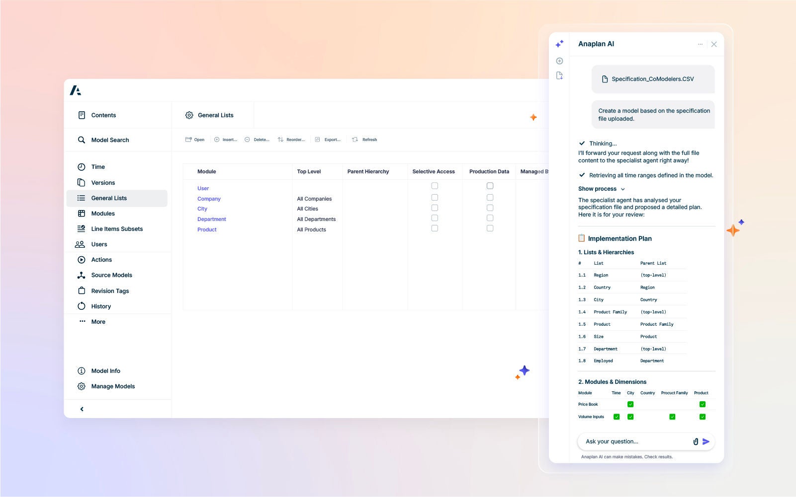 Anaplan dashboard showing general lists alongside an AI implementation plan generated from an uploaded specification file.
