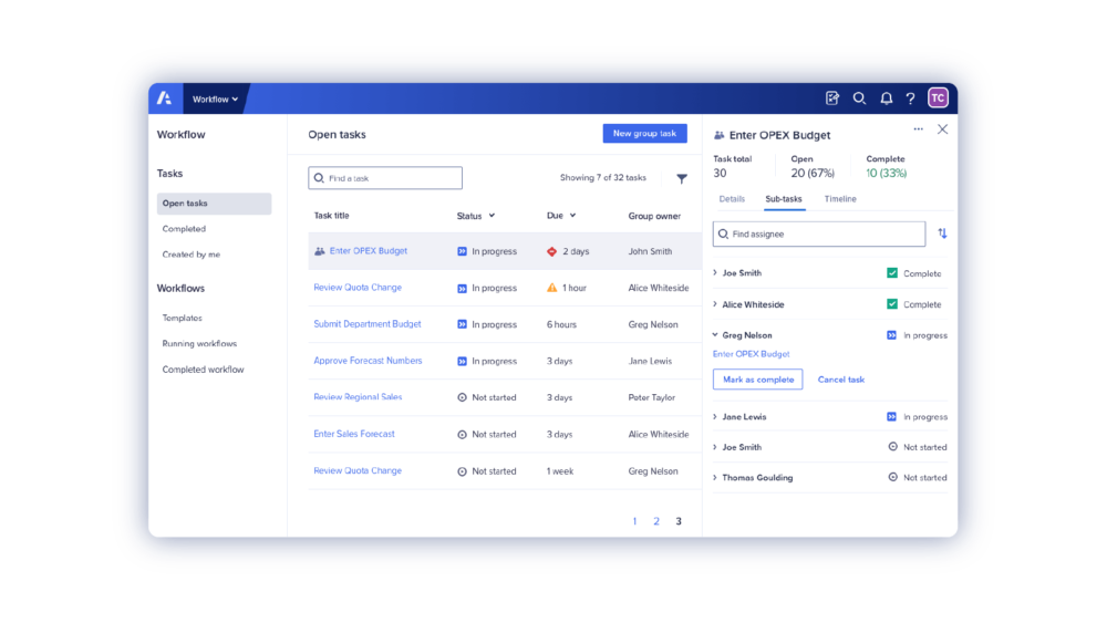 Workflow "Open Task" table