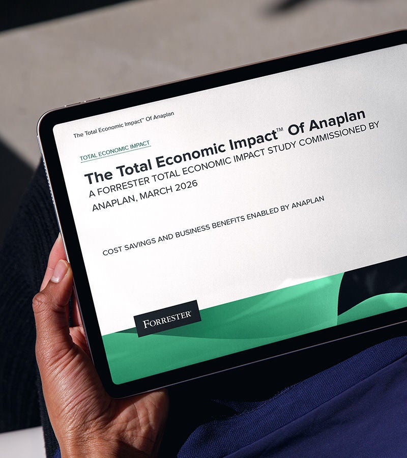 Close-up of a tablet showing The Total Economic Impact™ Of Anaplan, a Forrester Total Economic Impact study commissioned by Anaplan, March 2026.