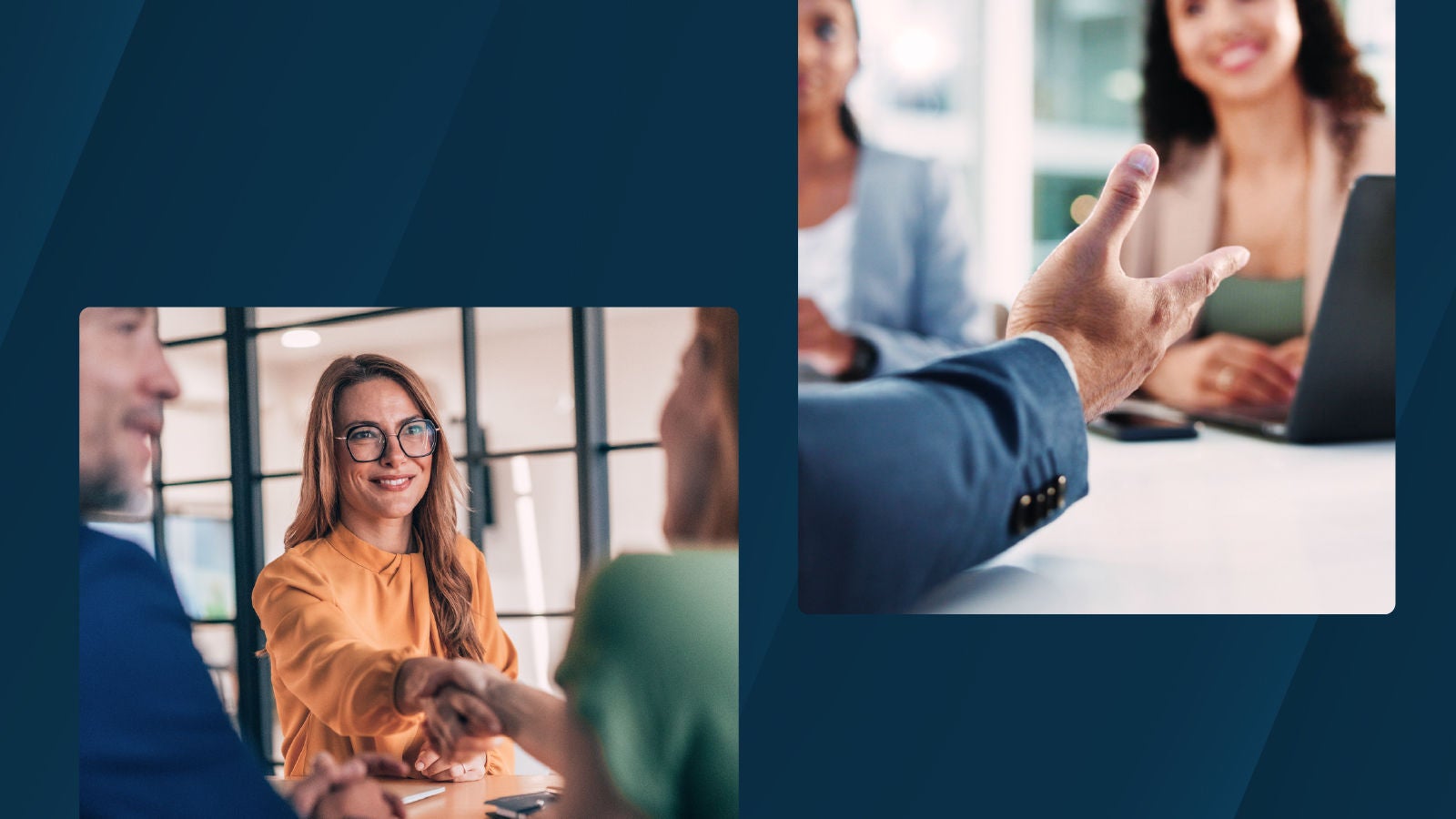 Business professionals collaborating in a meeting setting. One image shows a handshake and smiling woman in glasses, while the other depicts a discussion between colleagues with a hand gesture in focus.