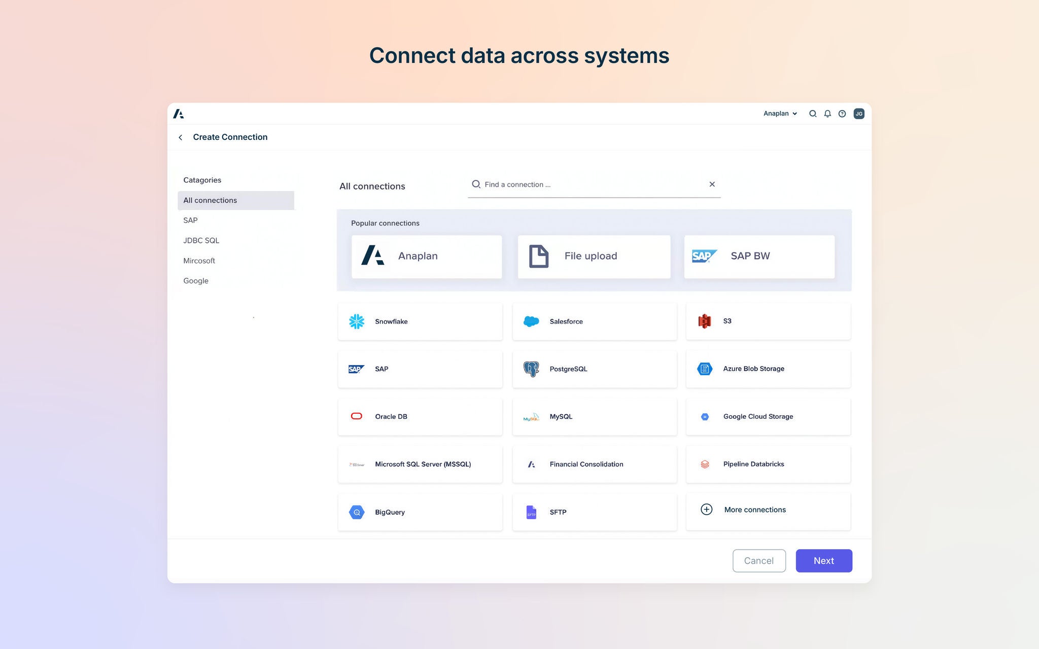 Anaplan Data Orchestrator connection dashboard showing available integrations, including SAP, Snowflake, Salesforce, S3, PostgreSQL, Microsoft SQL Server, and Google Cloud Storage.