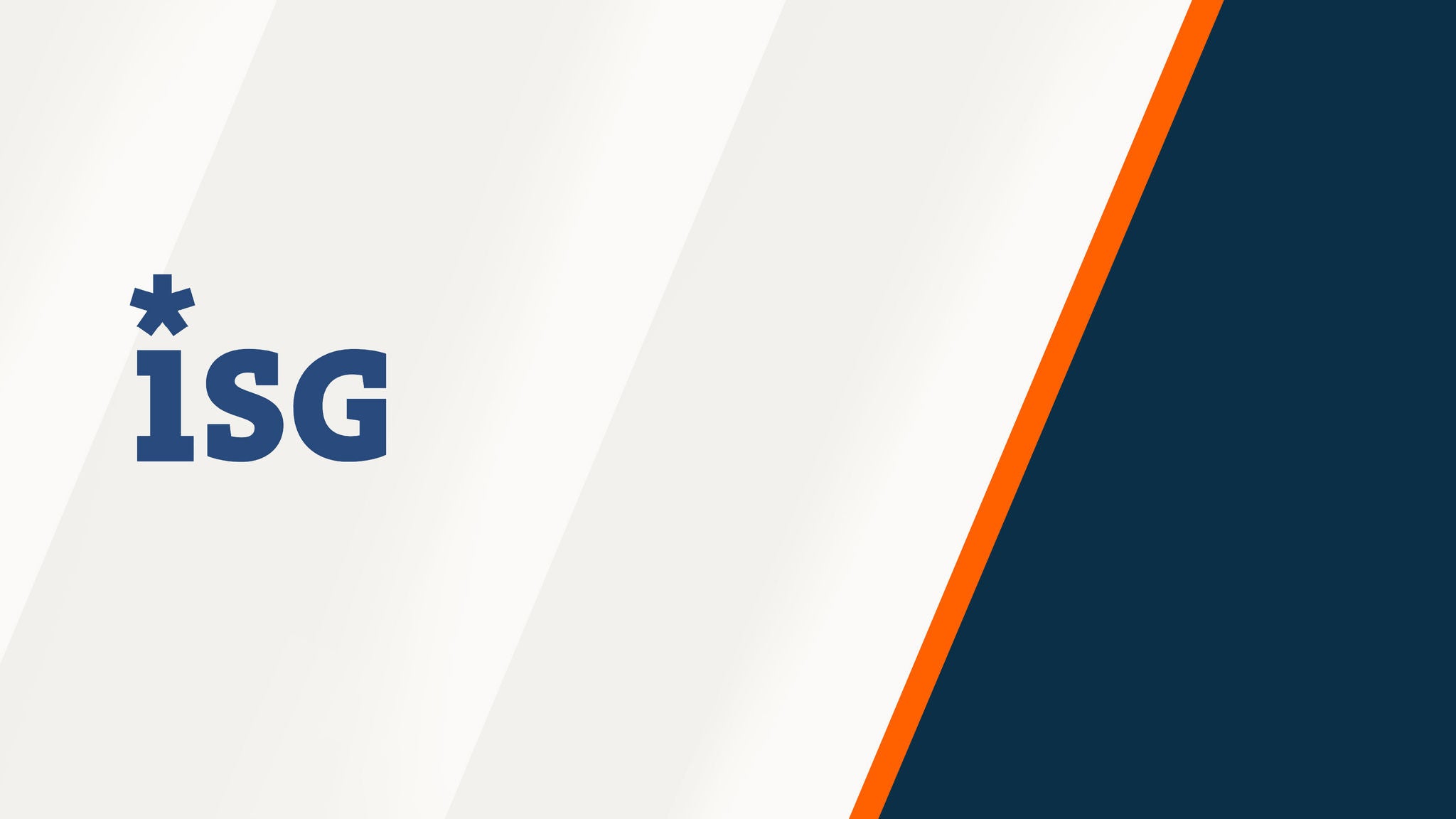ISG logo displayed on the left side over a light background with blue and orange diagonal design elements.
