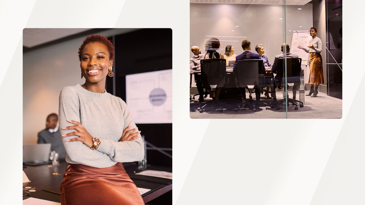 Woman smiling with arms crossed in a meeting room, and a group seated around a conference table listening to a presenter at a whiteboard.