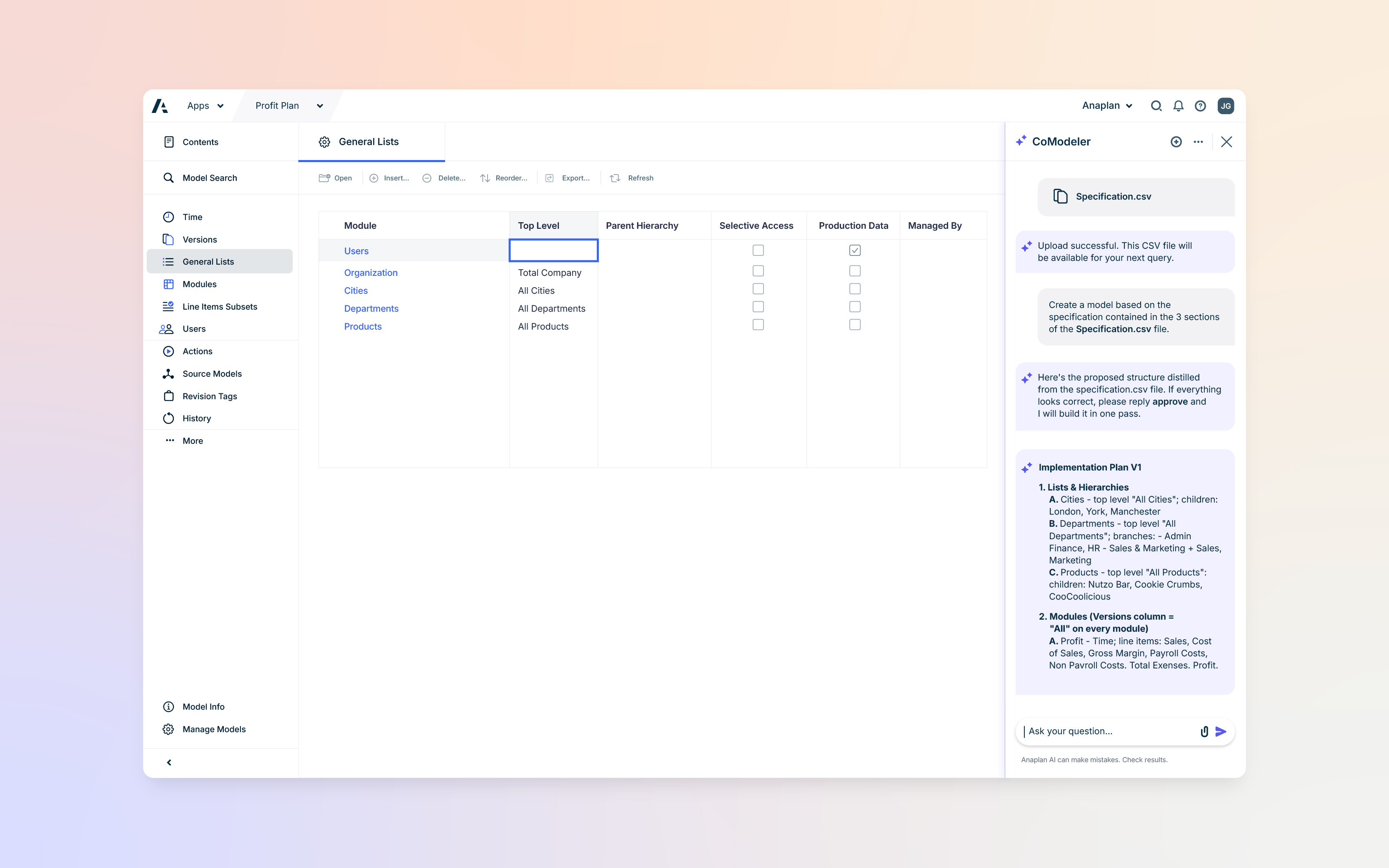 Anaplan interface showing General Lists configuration with modules, hierarchies, and settings alongside a CoModeler panel generating a model structure from an uploaded CSV file.
