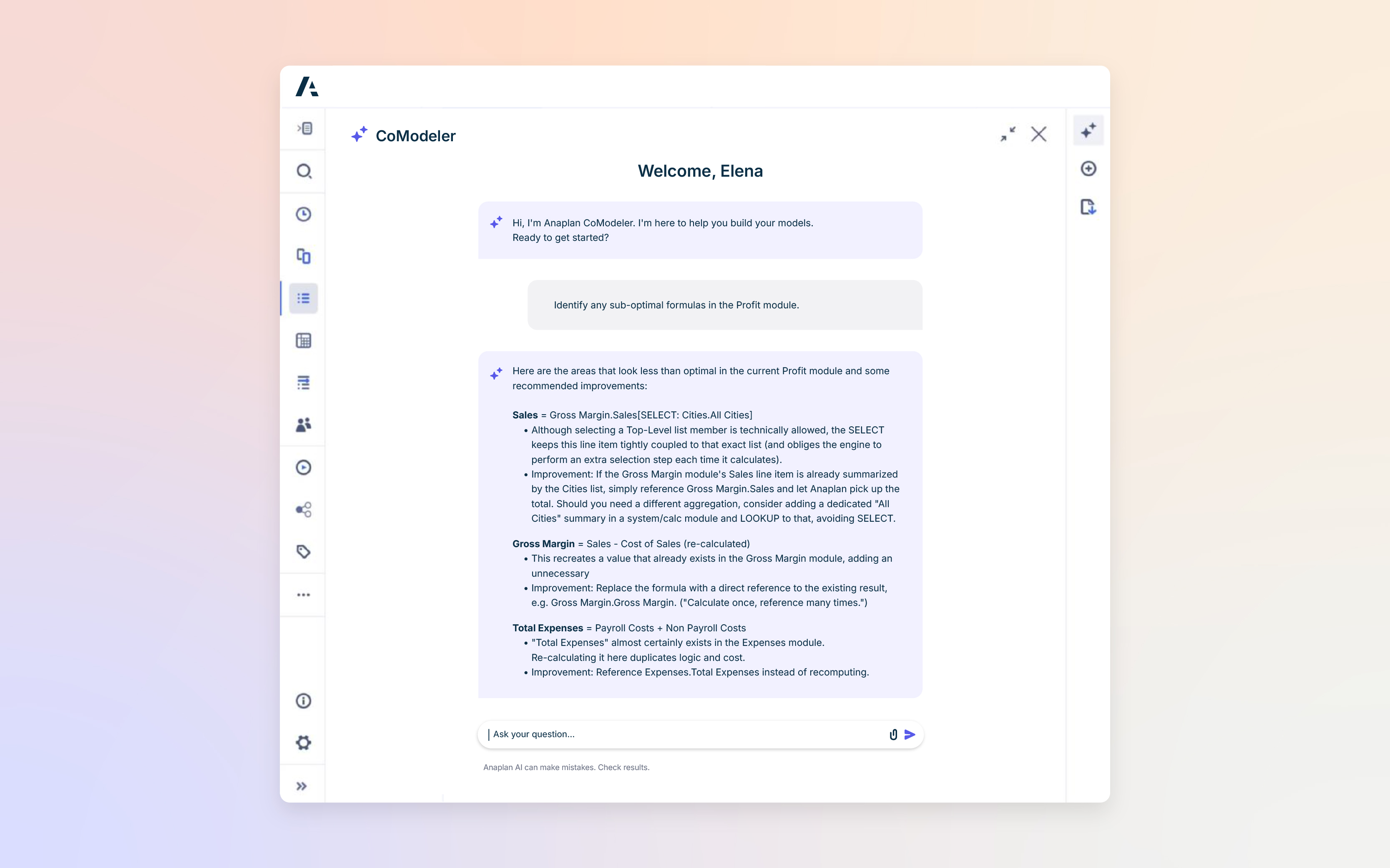 Anaplan CoModeler interface analyzing a profit module and suggesting formula optimizations for sales, gross margin, and total expenses.