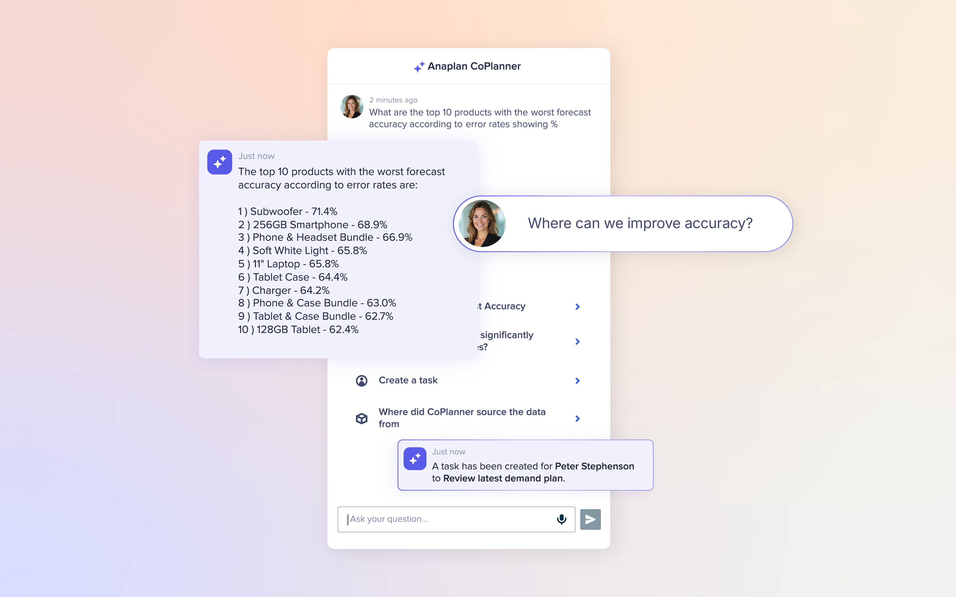 Anaplan CoPlanner Chat Image showing a user improving reporting accuracy in real time with Generative AI