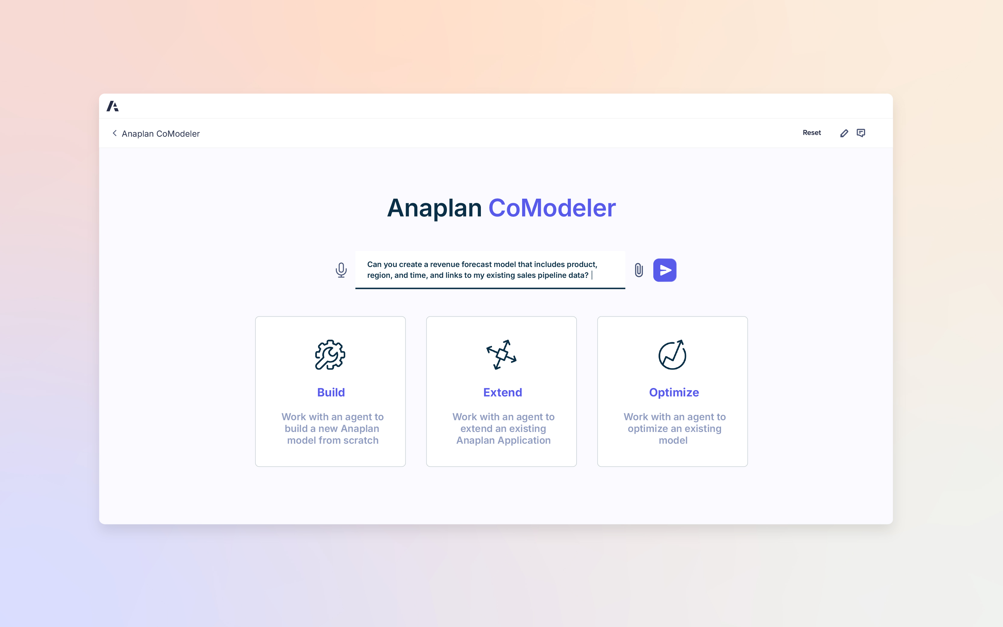 Anaplan CoModeler dashboard showing options to Build, Extend, and Optimize, with an AI prompt field at the top for entering modeling requests.