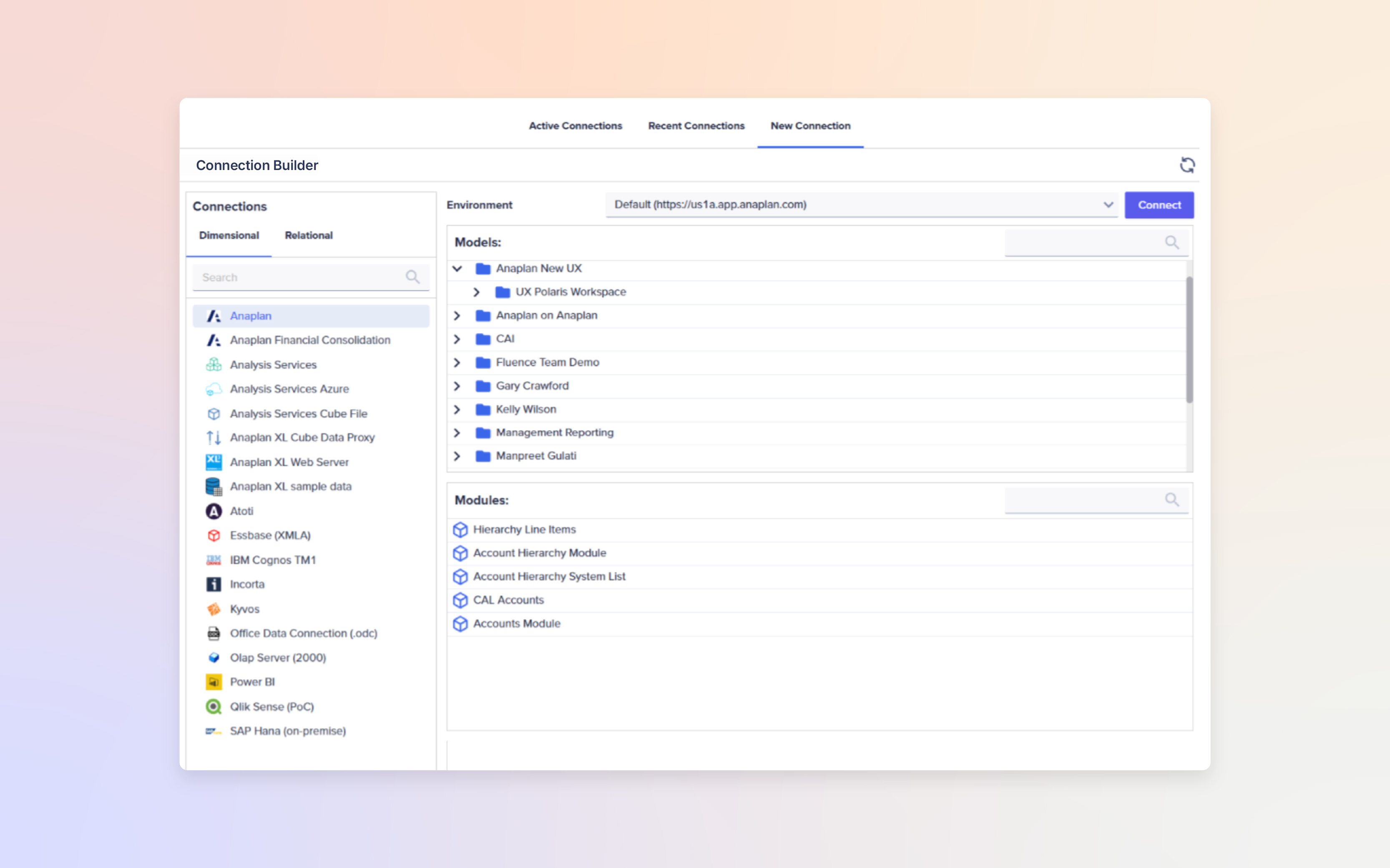 Anaplan Connection Builder interface showing navigation panels for Dimensional and Relational connections, a list of data sources such as Anaplan, Analysis Services, Power BI, Qlik, IBM Cognos, and SAP Hana. Right panel displays the Environment selector, available models including Anaplan New UX and Management Reporting, and modules such as Hierarchy Line Items and Account Hierarchy. A Connect button is visible.