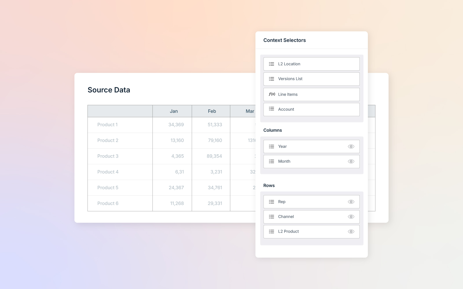 Image of a grid layout for source data and customizable view settings over a soft pastel gradient background.