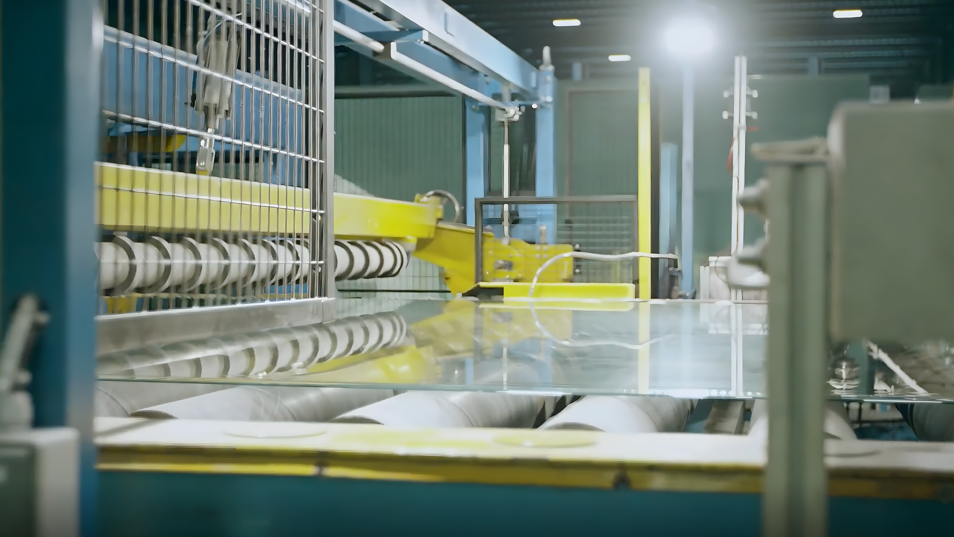 AGC Glass Customer Story Illustrative Image 1 Factory scene with yellow and blue conveyor machinery transporting clear glass sheets through a production line.