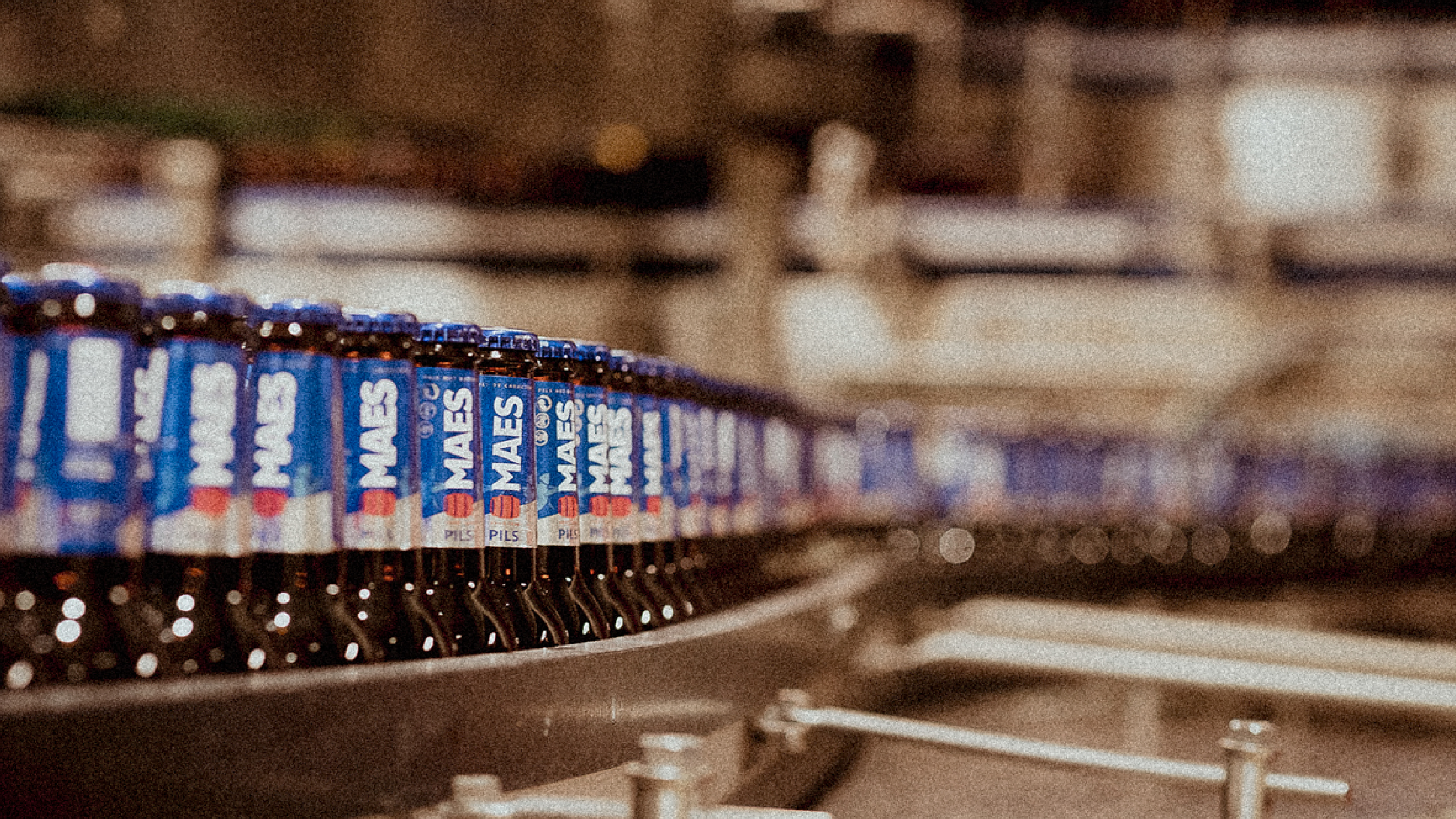 Rows of bottled beer moving along a production line inside a brewery, with machinery and conveyor belts in the background.