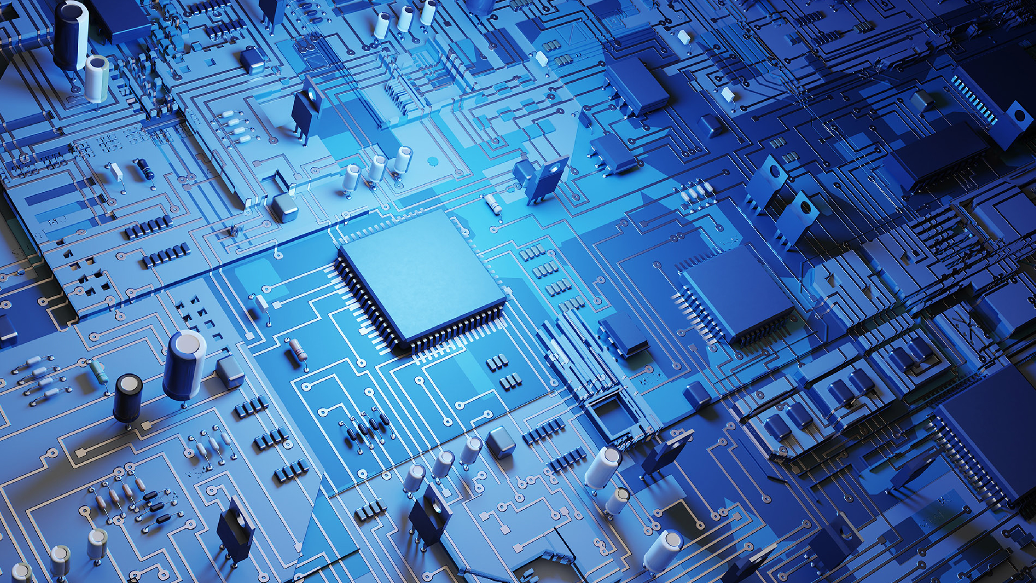A close-up view of a blue-toned electronic circuit board with microchips, components, and interconnected pathways.