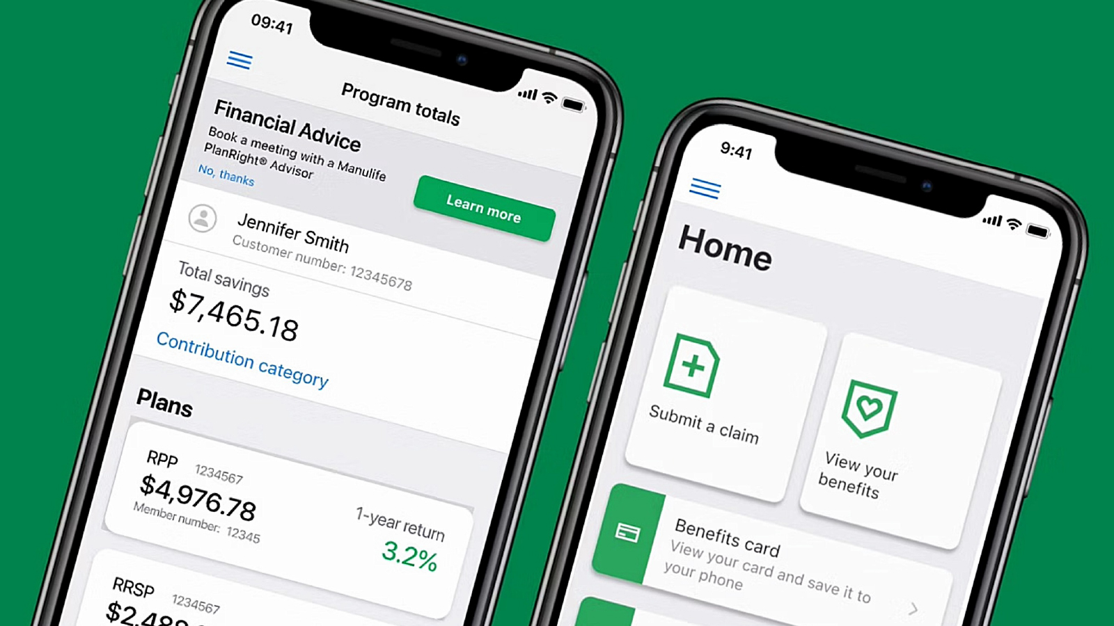 Two smartphones displaying a financial services mobile app showing savings totals, plans, and benefits options.