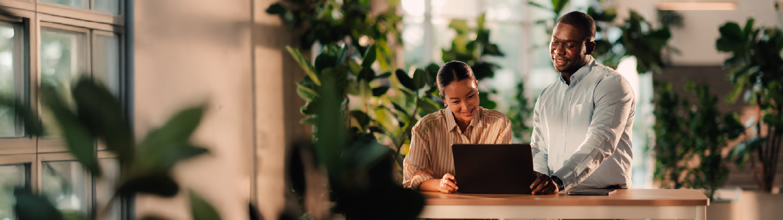 Two professionals standing at a modern desk, looking at a laptop and discussing financial data, surrounded by indoor plants and soft natural light.