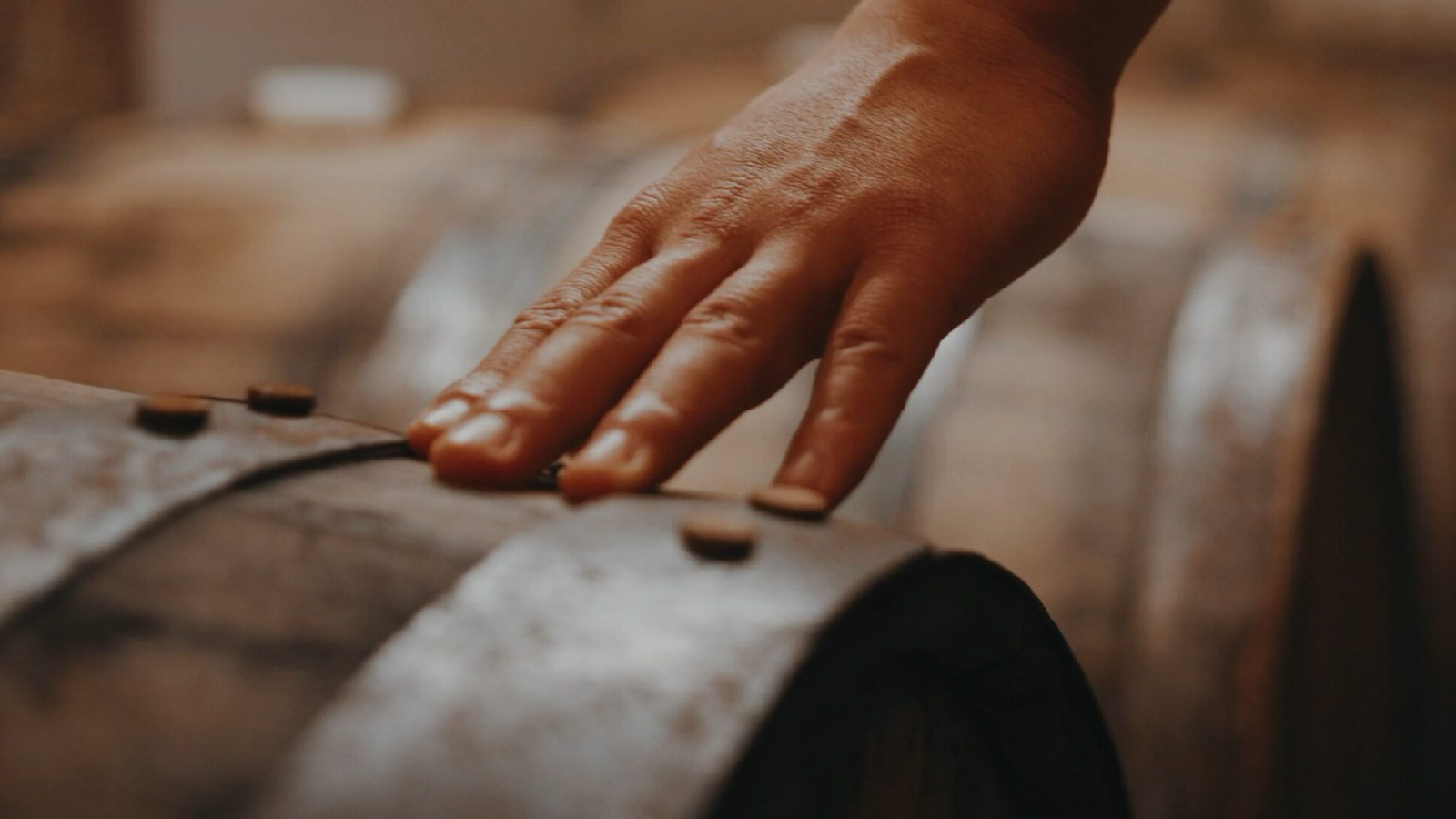 Close up image of a hand touching a wine barrel