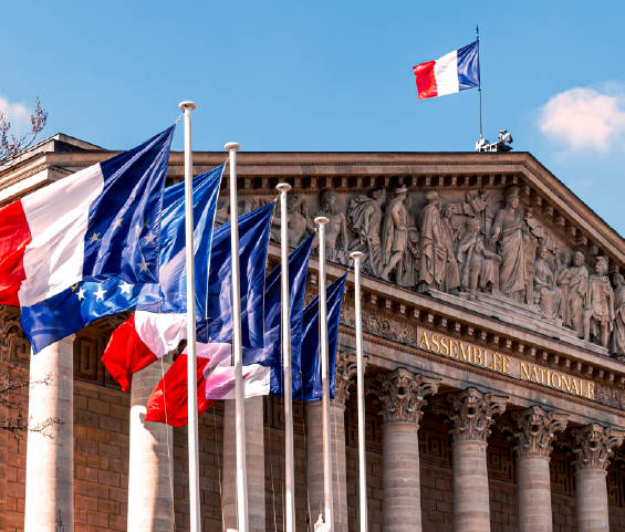 French government building façade with multiple national flags waving in front, under a clear sky.
