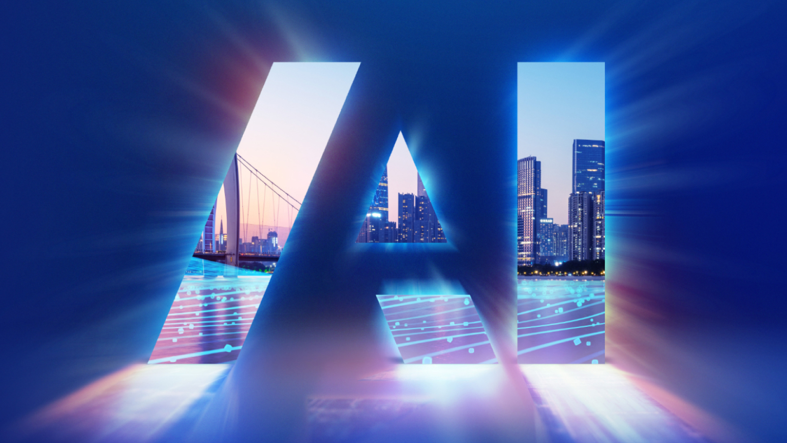 AI with a city background behind the letters