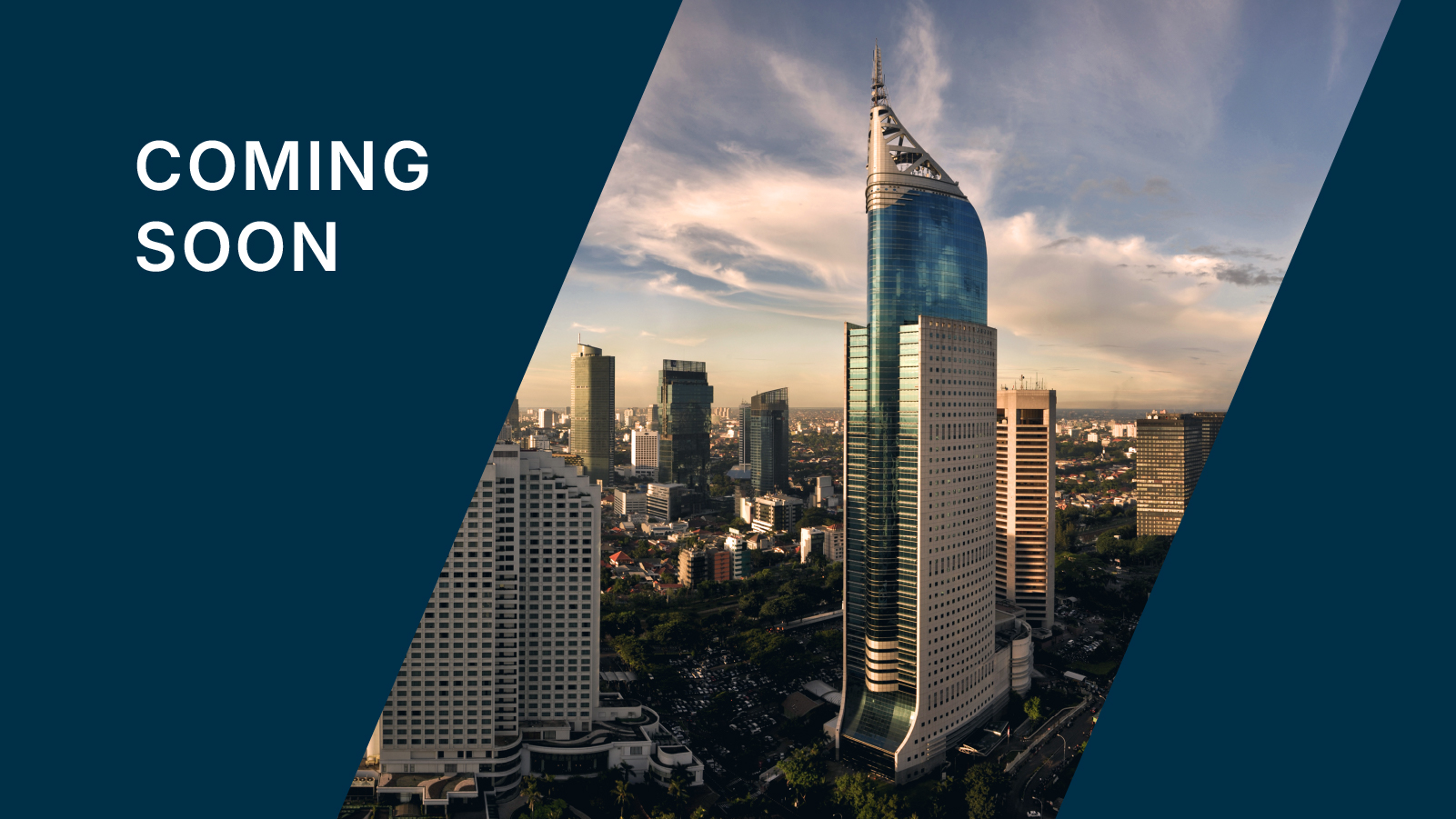 Anaplan event teaser. The text "COMING SOON" appears on the left over a dark blue background, with a sunset view of the Jakarta skyline on the right.