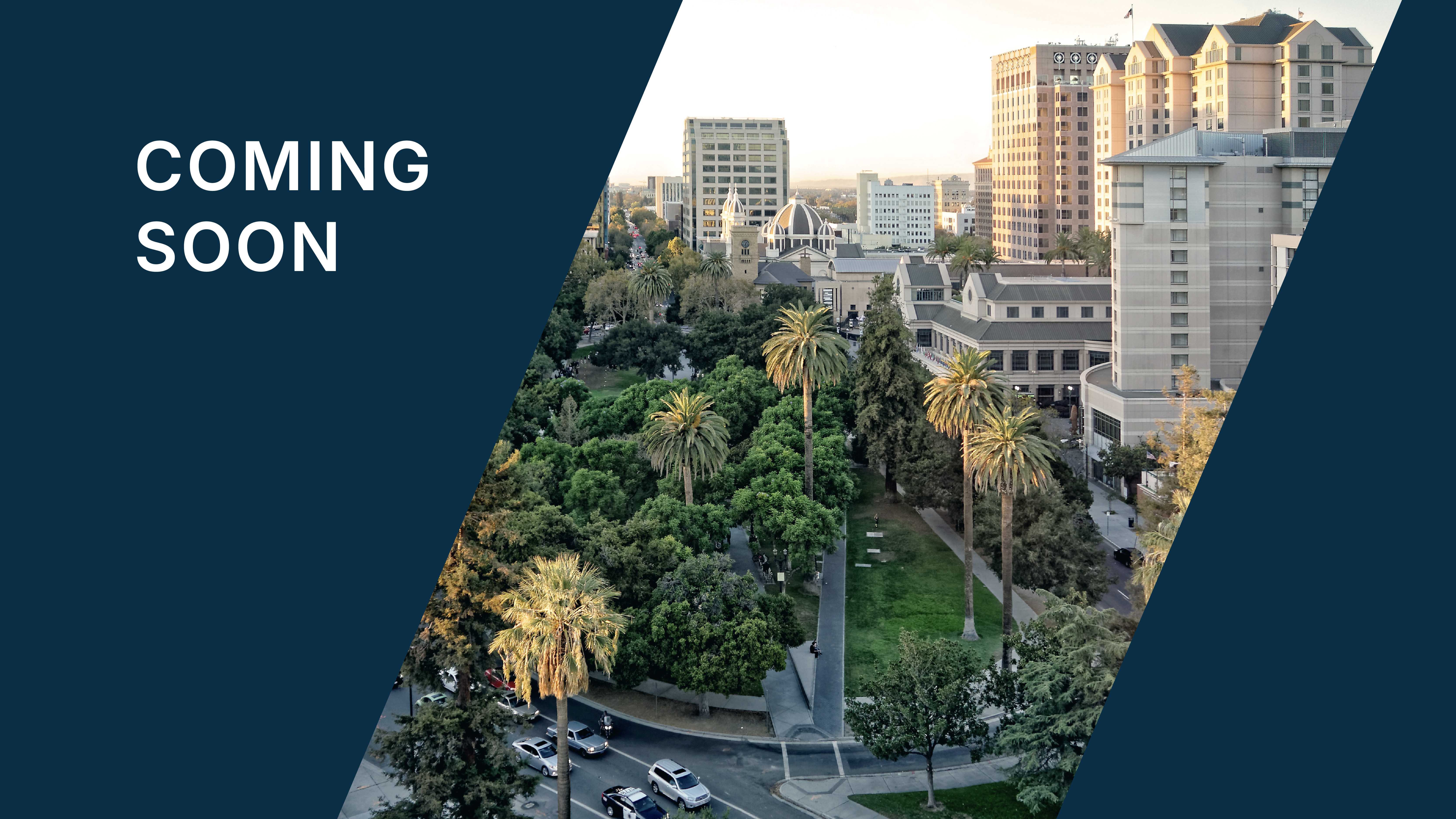 Coming Soon text displayed on a dark blue panel beside an aerial view of downtown San Jose, showing palm trees, green spaces, and surrounding city buildings.