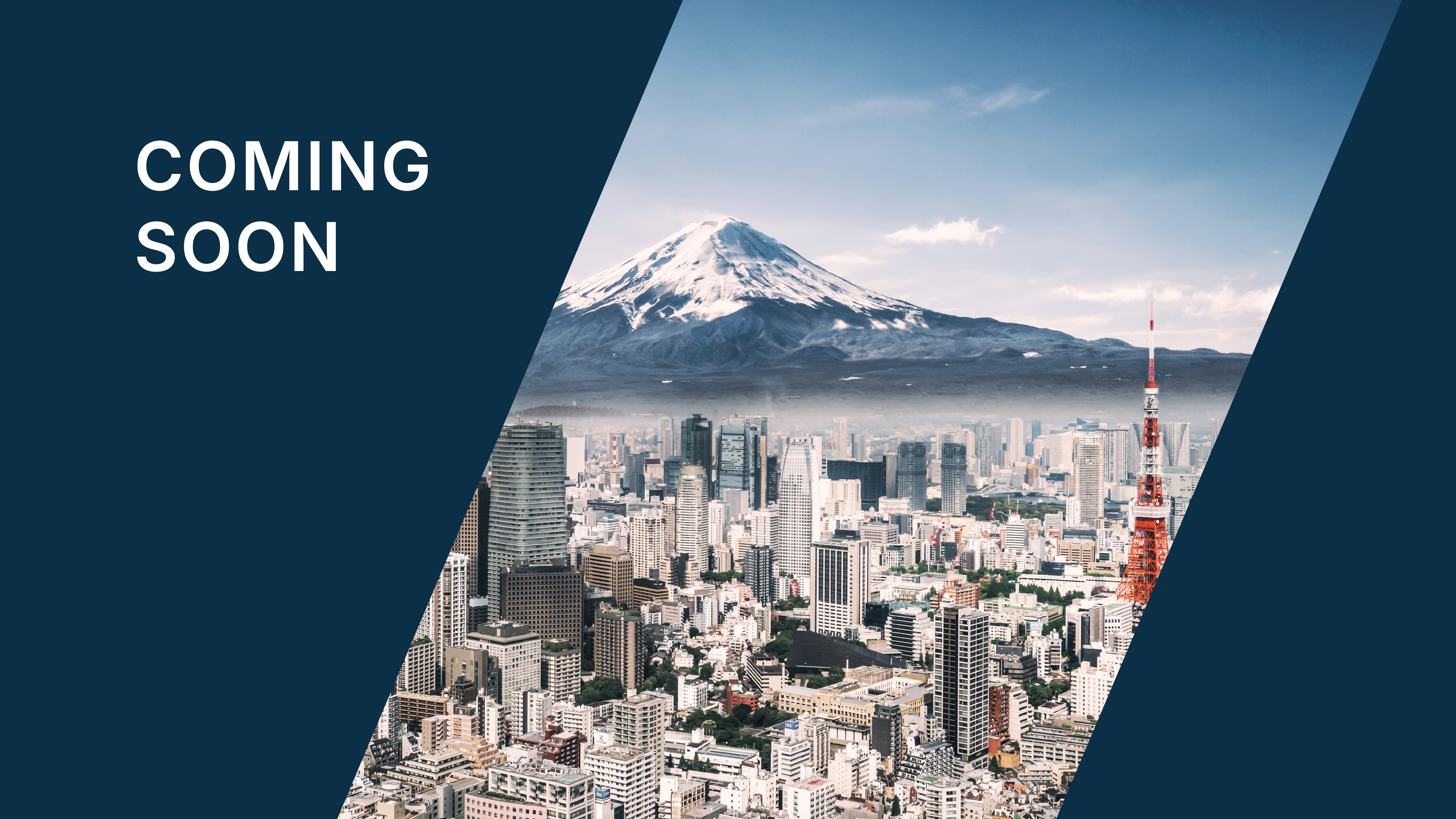 Coming Soon text displayed on a dark blue panel next to the Tokyo skyline, featuring Tokyo Tower with Mount Fuji visible in the background.