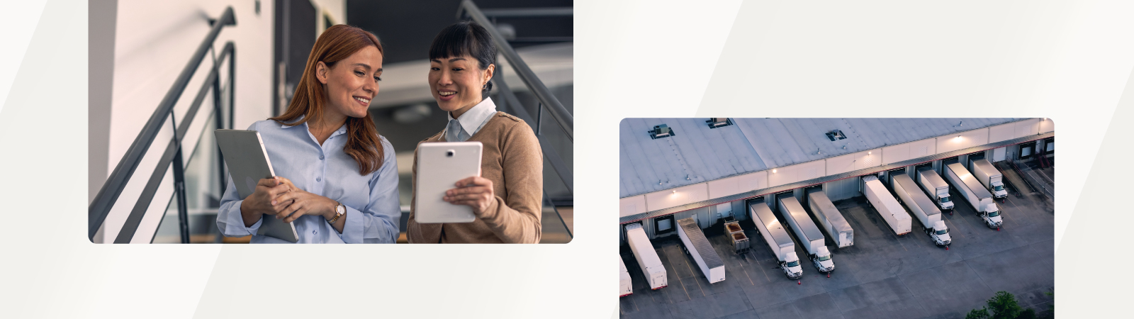 A woman shows a tablet to her colleague inside a stairwell, while a large logistics warehouse with docked delivery trucks is pictured on the right.