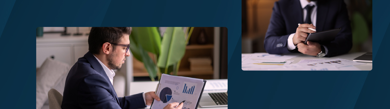 A man in a suit analyzes financial reports while another reviews charts on a tablet, both set against a dark blue Anaplan-themed background.