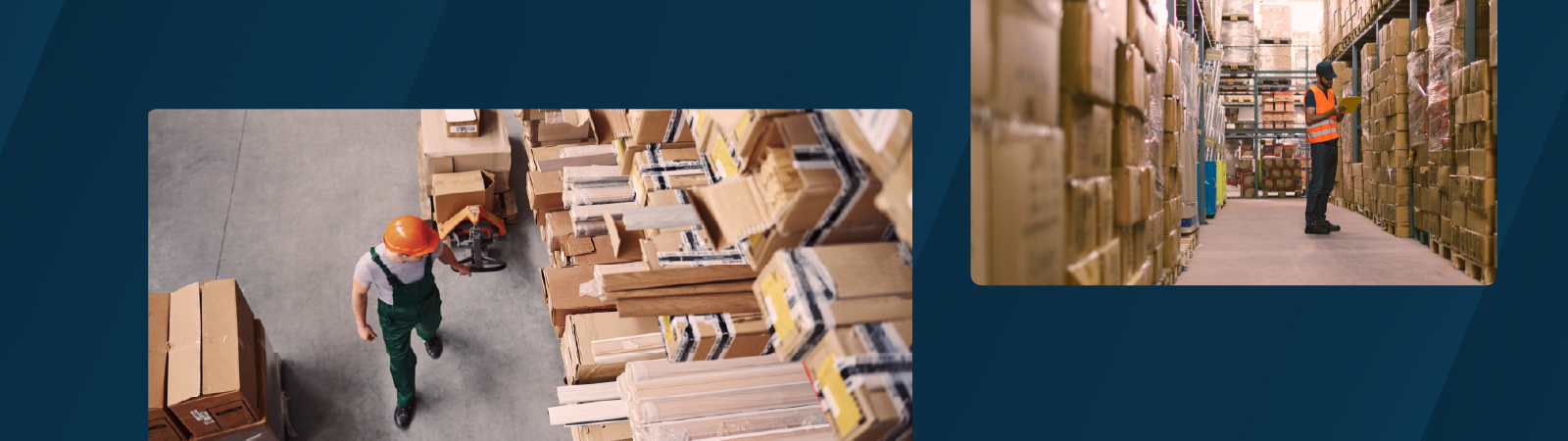 Warehouse inventory being checked and organized, with workers managing boxes and storage aisles, overlaid on ink background.