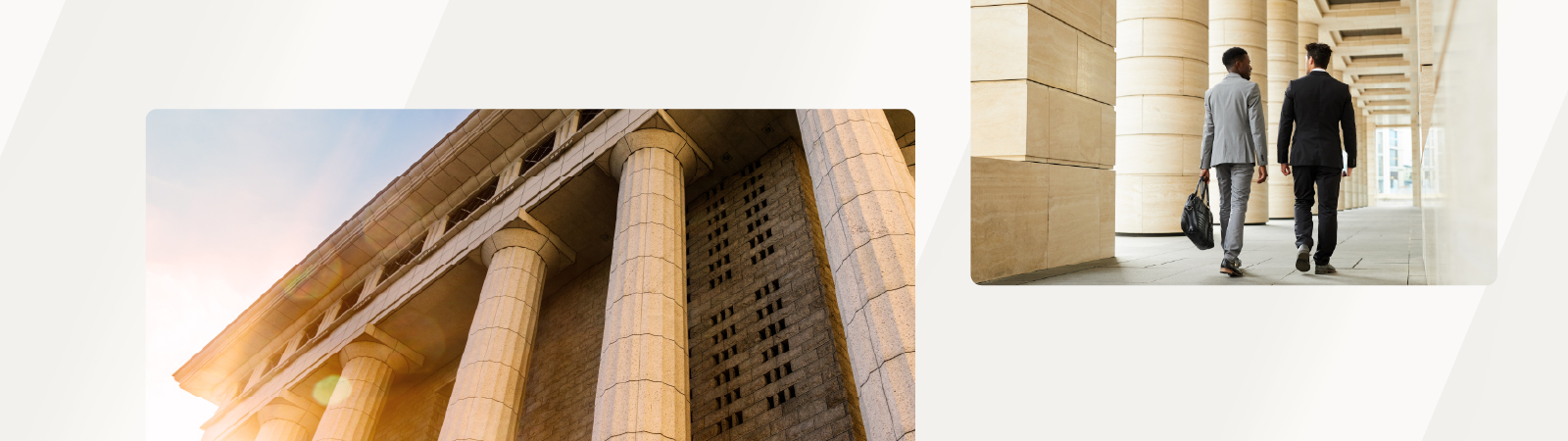 Two professionals walking beside a modern stone building with large columns and a second image showing a sunlit facade of a government building.