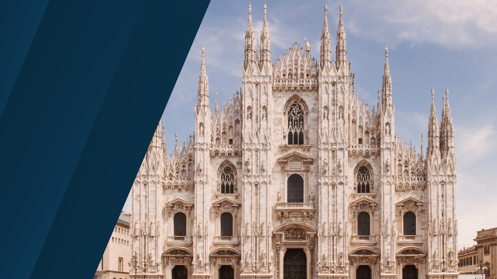 Close-up image of the Milan Cathedral (Duomo di Milano) with a blue Anaplan graphic overlay on the left side.