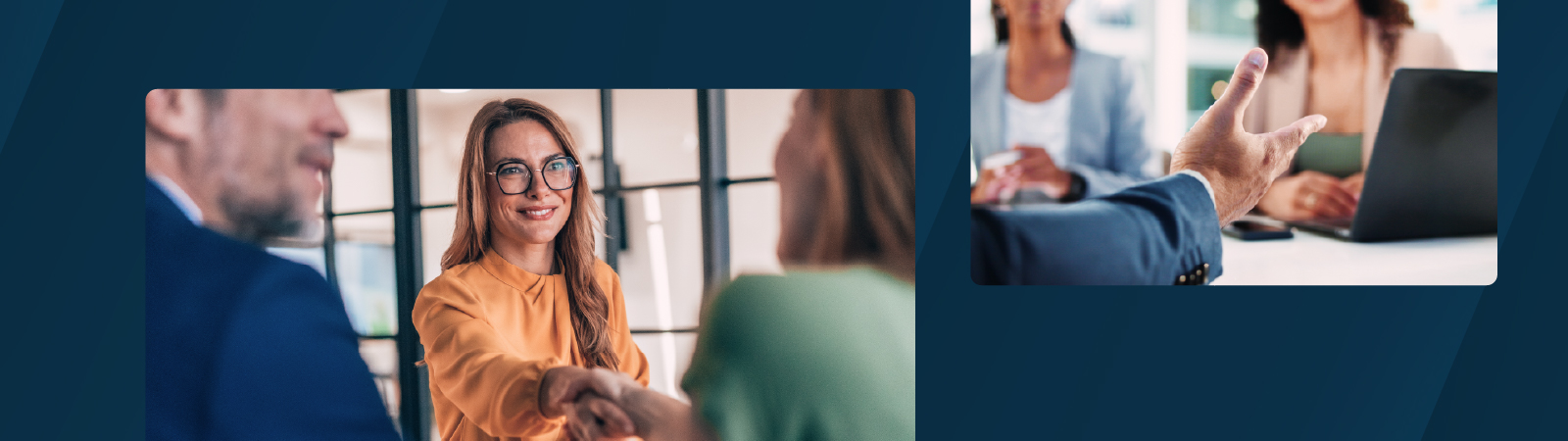 Business professionals collaborating in a meeting setting. One image shows a handshake and smiling woman in glasses, while the other depicts a discussion between colleagues with a hand gesture in focus.