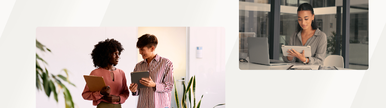 Woman using a tablet at her desk, and two colleagues standing in an office discussing while holding a tablet and clipboard.