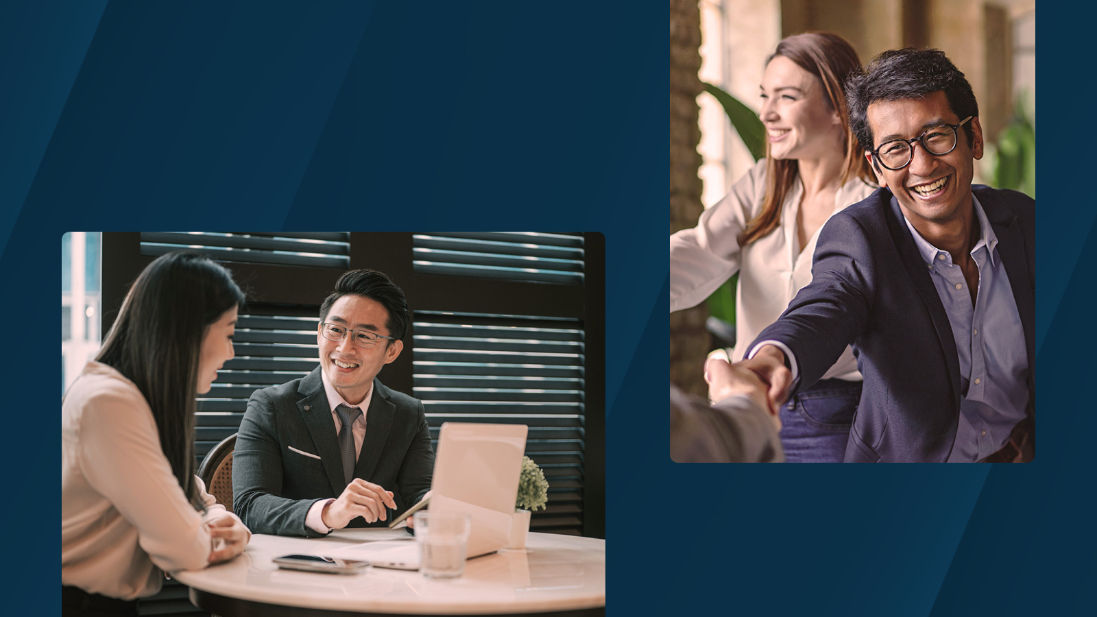 A collage showing Jun Nakata in a business meeting reviewing with a colleague and greeting a colleague with a handshake in an office setting.