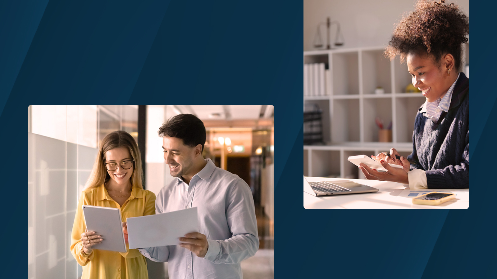 Two business professionals reviewing documents and a tablet together in an office hallway, alongside a woman using a calculator at a desk with a laptop and financial papers, set against a dark blue Anaplan-branded background.