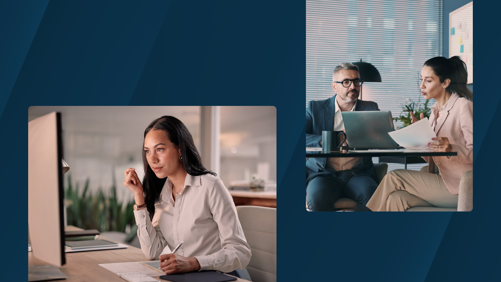 A collage showing a professional woman working at a desk with a computer and paperwork, alongside a separate scene of two colleagues discussing documents over a laptop in a modern office setting.