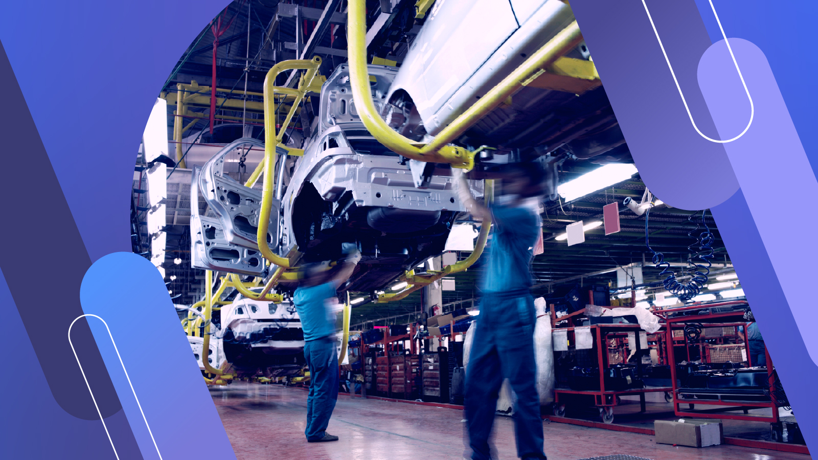 Anaplan white paper on integrated business planning. The text highlights “Practical applications for automotive suppliers,” with an image of a car frame on an assembly line and two workers in yellow safety helmets in the background.