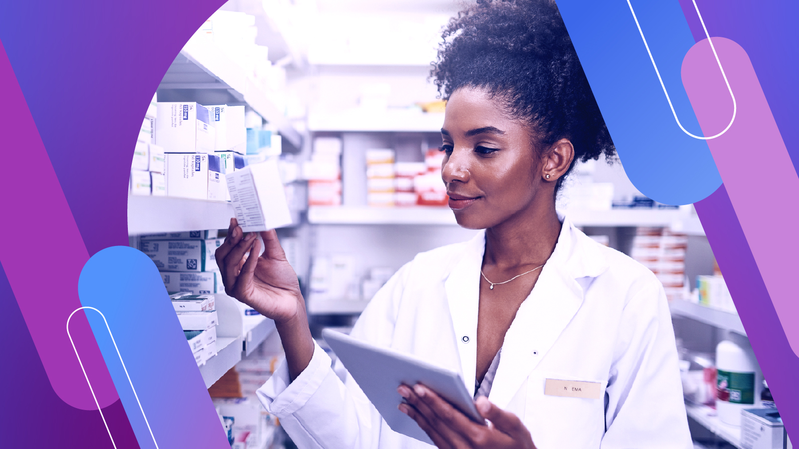 Anaplan white paper on integrated business planning for pharma. The text highlights “From concept to adoption — and value,” with an image of a pharmacist holding a tablet while examining a medicine box in a well-stocked pharmacy aisle.