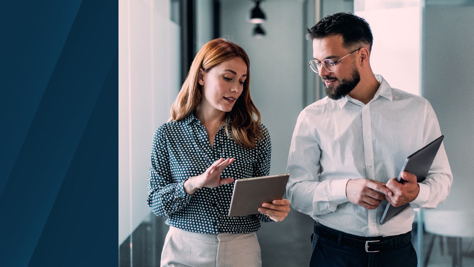 Anaplan datasheet on Integrated Financial Planning application with Anaplan CoPlanner. The text highlights streamlined financial planning with AI, with an image of two professionals discussing insights on a tablet.