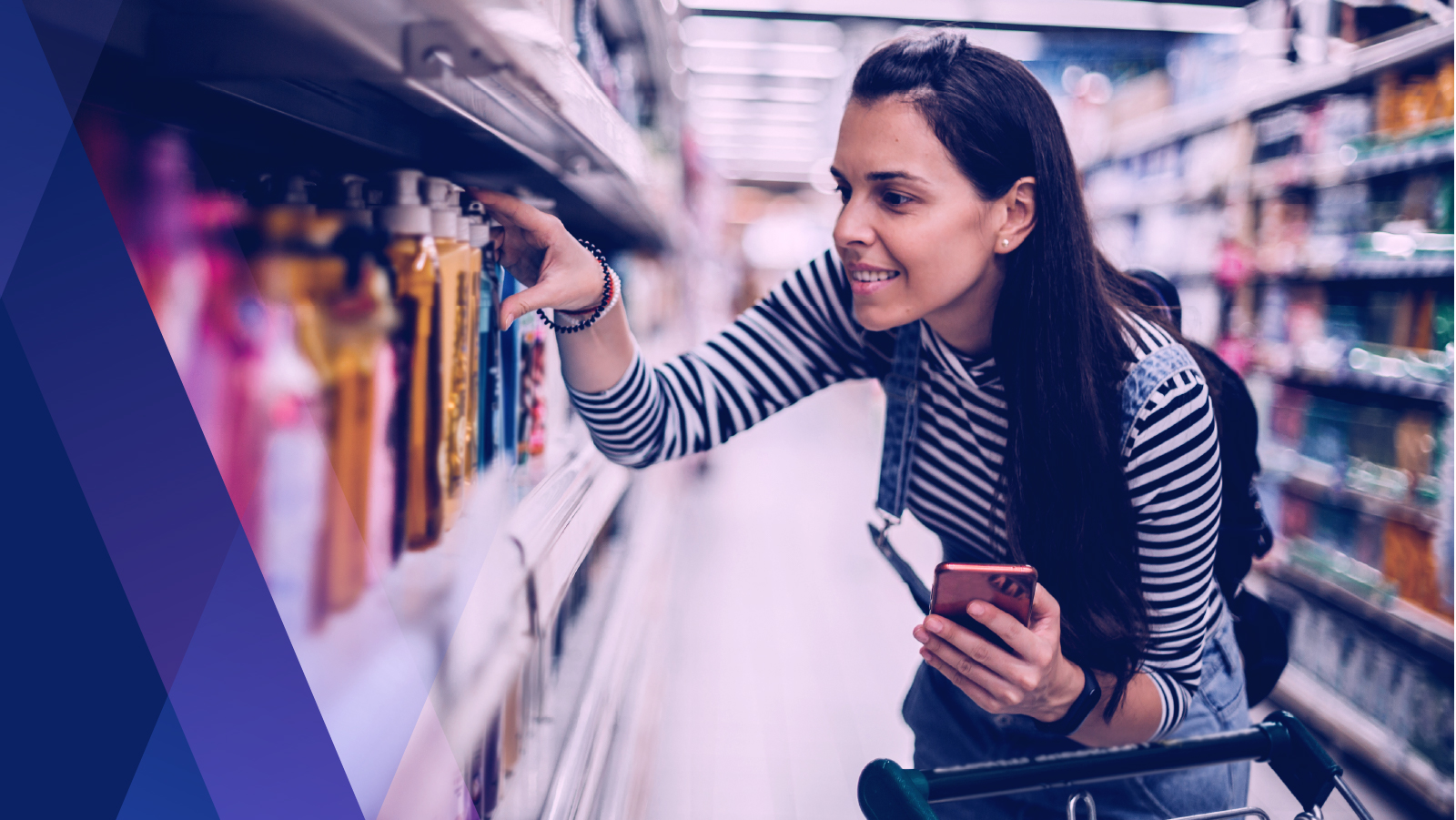 Woman shopping in retail store with abstract overlay graphic