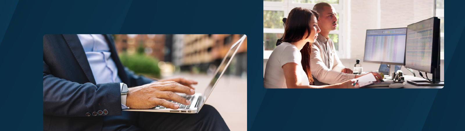 Split image showing two people analyzing data on dual monitors and a businessman typing on a laptop outdoors.