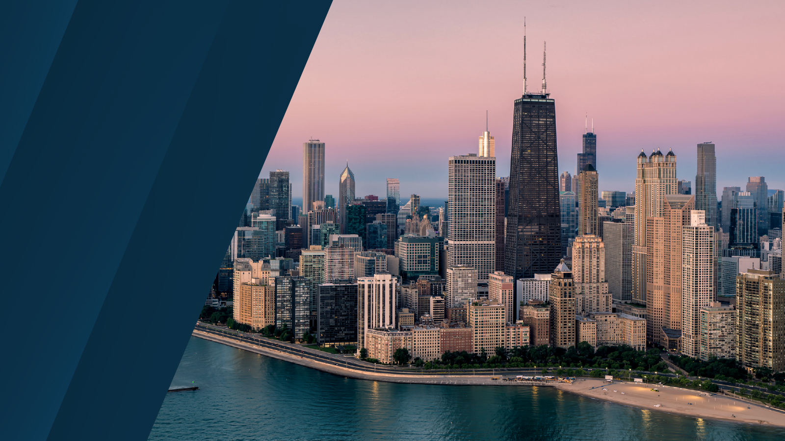 Skyline view of downtown Chicago at sunset, featuring the John Hancock Center and surrounding high-rise buildings along Lake Michigan, with a dark blue graphic overlay on the left side.