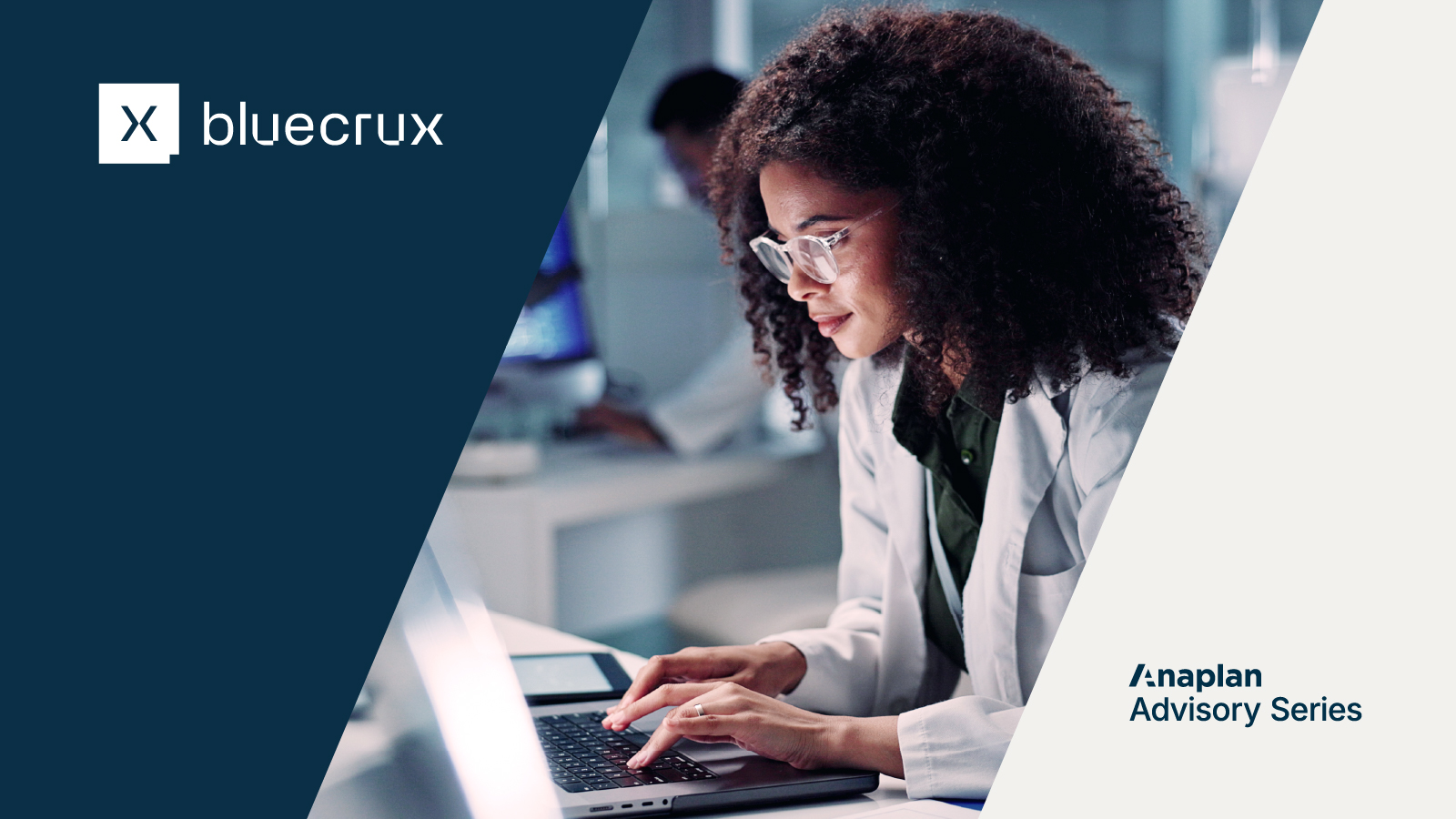 Bluecrux logos displayed on the left with an image of a woman using a laptop on the right.