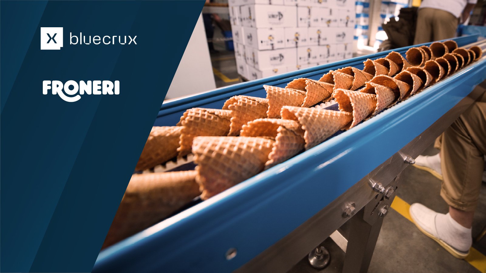 Bluecrux and Froneri logos overlaid on a close-up view of ice cream cones moving along a production conveyor in a factory.