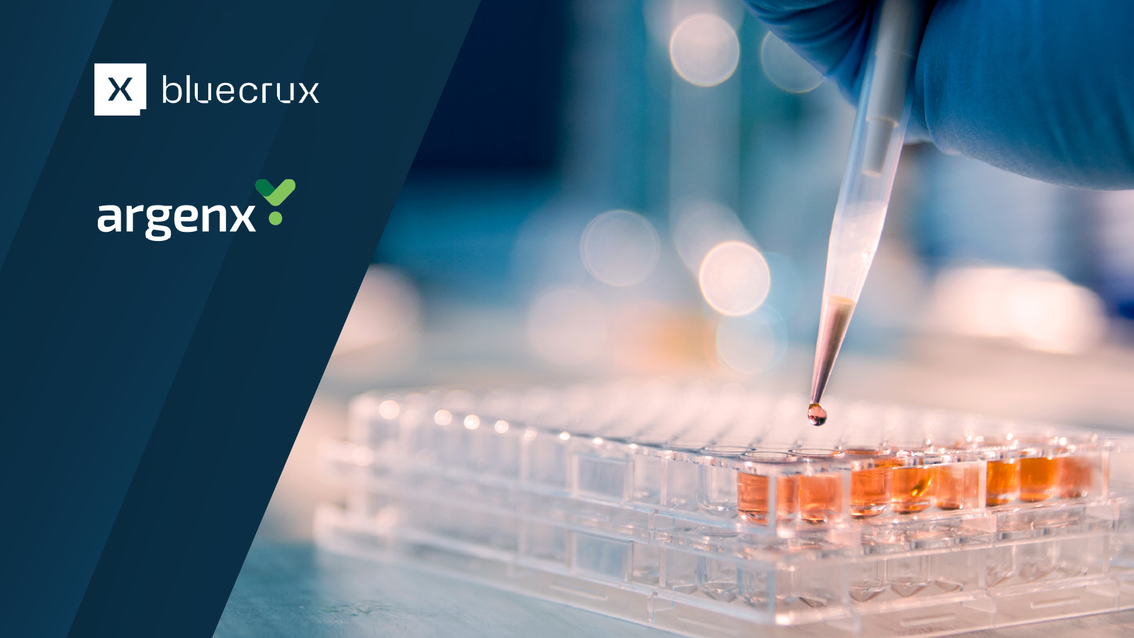 Bluecrux and argenx logos displayed upper left. A scientific lab setting with a pipette dispensing liquid into transparent containers, representing biopharma research and precision.