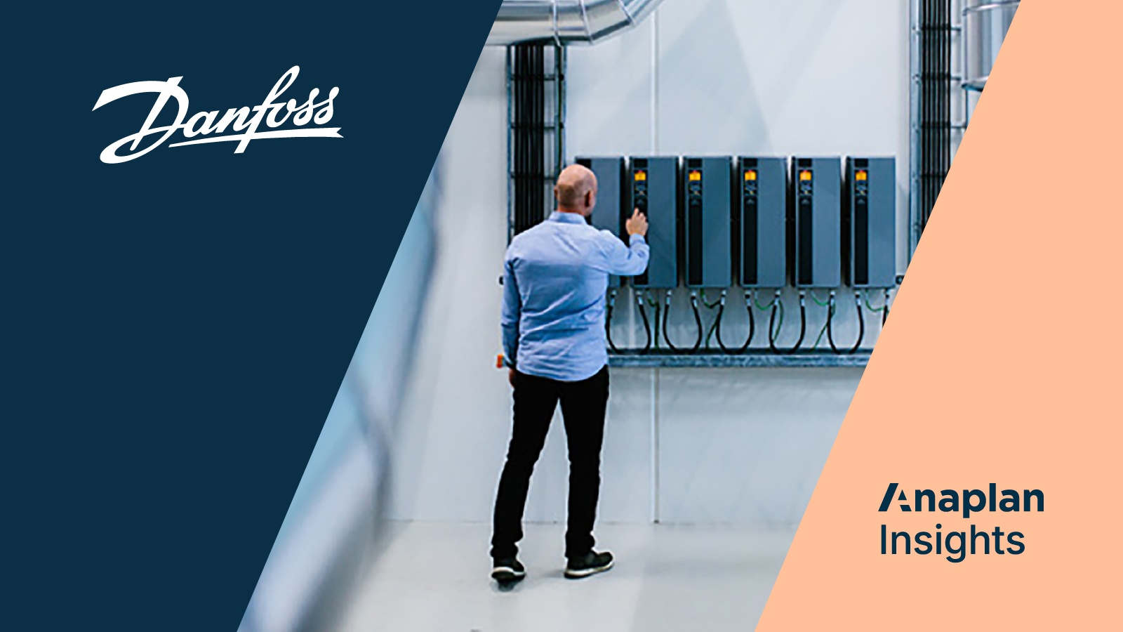 Danfoss logo on a dark blue background with a man in an industrial setting adjusting electrical equipment on a wall panel.