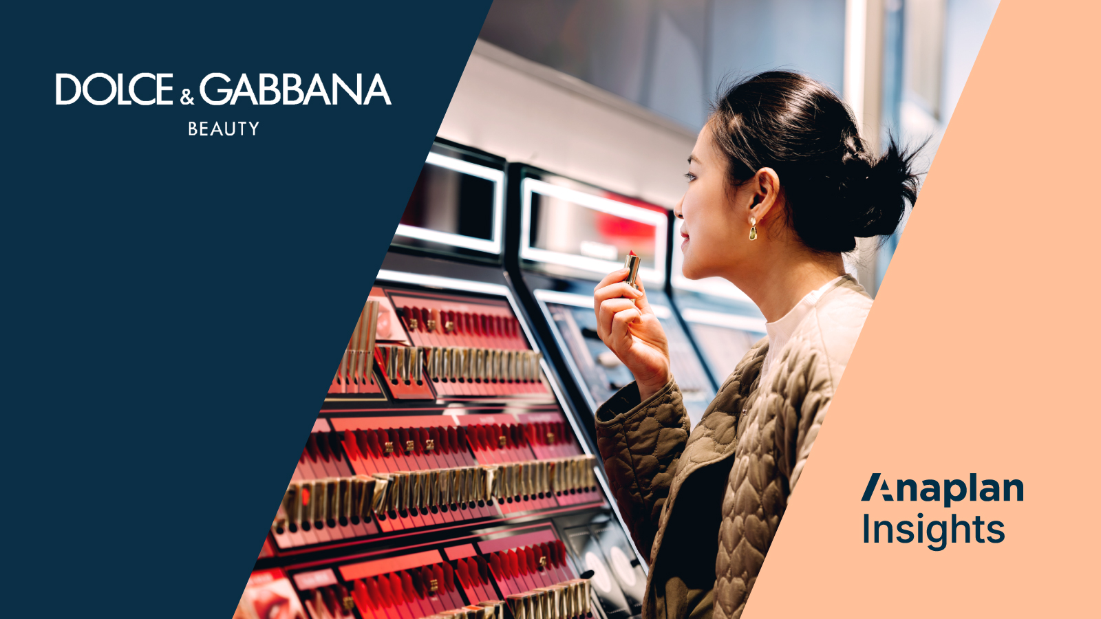 Woman testing lipstick in a cosmetics store, standing in front of a display of lip products. Logos for Dolce & Gabbana Beauty and Anaplan Insights are displayed on the sides.
